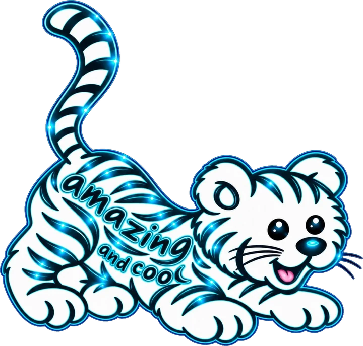 Amazing and Cool: a white tiger cub outlined in neon blue